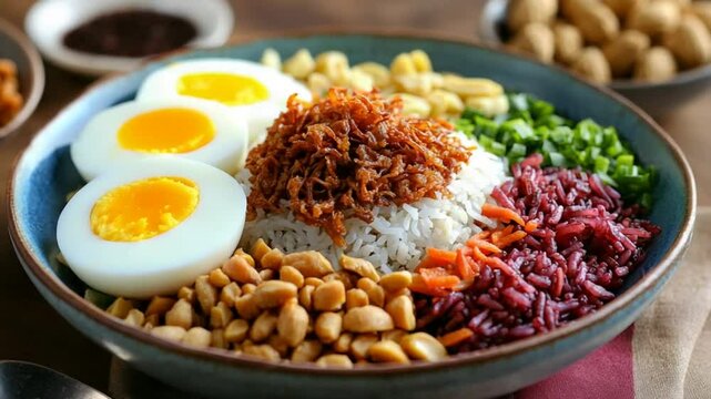 Delicious Nasi Lemak Bowl: A vibrant and flavorful Malaysian Rice dish with hard-boiled eggs, peanuts, crispy anchovies, and colorful vegetables.