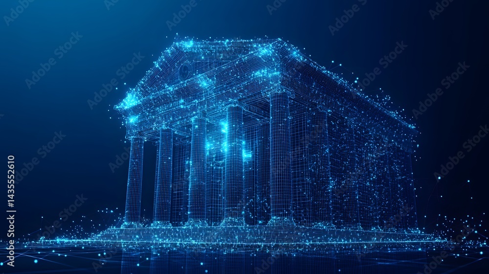 Aufkleber Futuristic digital rendering of a classic temple, showcasing a blend of ancient and modern architecture. Abstract Digital low poly mesh wireframe connected lines dots stars in dark blue