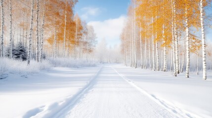 Obraz premium Winter wonderland pathway through a birch forest