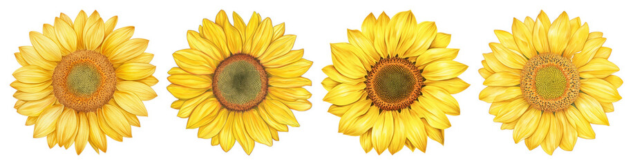 Fototapeta premium PNG Vibrant sunflowers in sequence, element set on transparent background