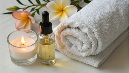 Relaxing spa setup with candles, essential oil, and towels.