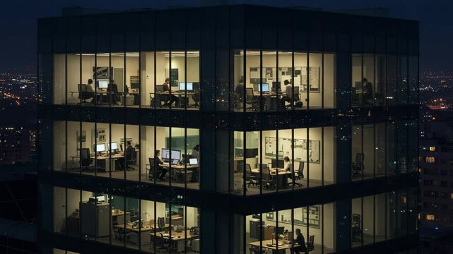 Time Lapse People Working Late Night in Office Building, Perfect for Depicting Overtime, Corporate Life, Business Deadlines, Work Culture.