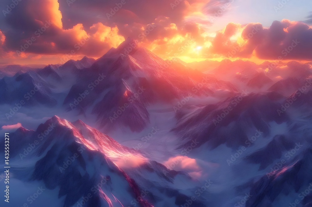 Aufkleber 雪山と夕焼けの鮮やかな風景 オレンジ色の空と雲 海抜の高い山々のシルエット