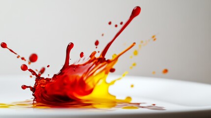 Colorful liquid food dye droplets splashing on white ceramic plate forming abstract art patterns with vivid saturated colors, minimalist design with copy space for text overlay. Creative culinary and
