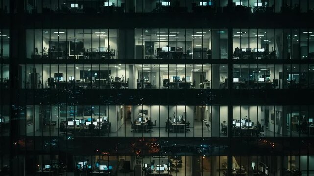 Timelapse People Working Late in Corporate Building at Night, Perfect for Illustrating Overtime, Business Hustle, Urban Office Life, and Corporate Work Culture.