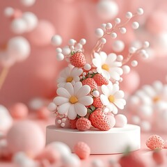 Pastel Pink and White 3D Render of Strawberries and Daisies