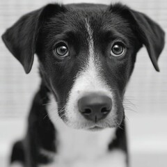 Black and white dog with centered symmetrical face captured in soft indoor light showing intense gaze and emotional vulnerability in realistic close-up animal portrait