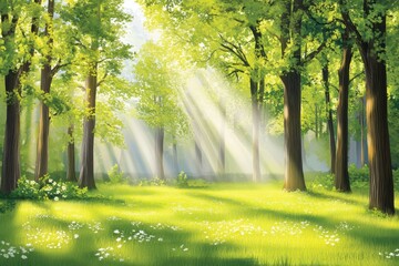 Sunlight streams through a lush forest