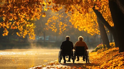 elderly couple enjoys the serenity of nature in wheelchairs during a beautiful autumn day bathed in warm golden light reflecting on the tranquil lake creating a scene of peace and togetherness