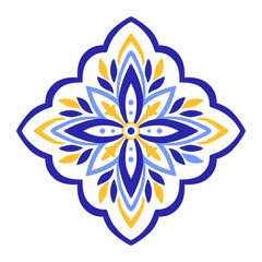 Mediterranean blue yellow floral motif on white background. Ethnic mosaic design for ceramic tile. Traditional Portuguese, Moroccan, Spanish ornament. Vector illustration