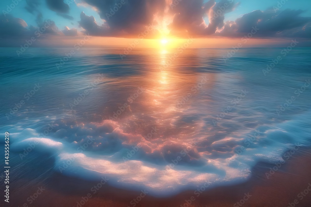 Aufkleber 夕焼け空と海 水面が反射する夕日の光 穏やかなビーチ風景 色鮮やかなオレンジと青のグラデーション