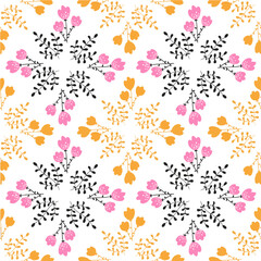Colorful vector repeat pattern with tulips on a white background. Hand-drawn style.