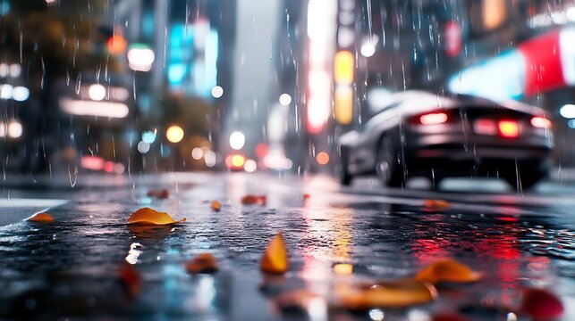 Rainy City Street at Night with Blurred Lights and Autumn Leaves