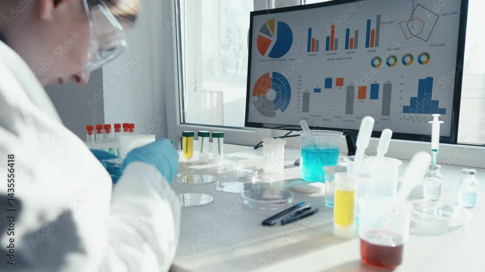 Poster A dedicated scientist in a white lab coat is analyzing samples and complex data on a hightech screen, highlighting advancements in medical sciences, particularly in innovative vaccine development
