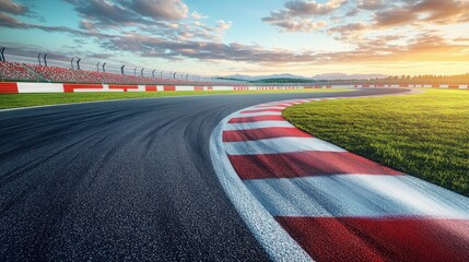 Asphalt race track curve at sunset
