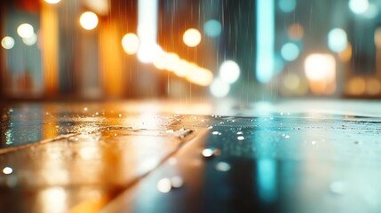 Rainy Night City Street Closeup of Wet Ground with Blurred Lights
