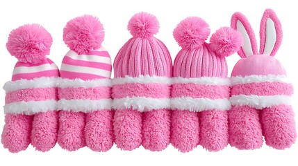 Five pink knit hats & bunny ears, fluffy trim