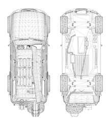 A drawing of a car with a lot of detail. The car is a Jeep Wrangler. The drawing is in black and white. Top, bottom view