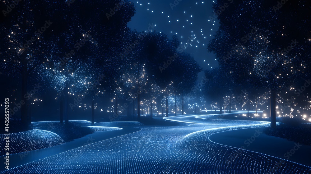 Aufkleber A luminous blue path winds through a magical forest at night. Sparkling lights illuminate the trees and ground, creating a digital dreamscape under a starry sky. Abstract wireframe in dark blue
