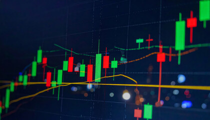 close up of colorful candlestick stock chart displaying green, red, and yellow trend lines, illustrating market fluctuations and trading activity with dynamic background