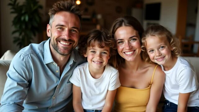 Close-up portrait of happy family smiling and sitting on a cozy sofa indoors