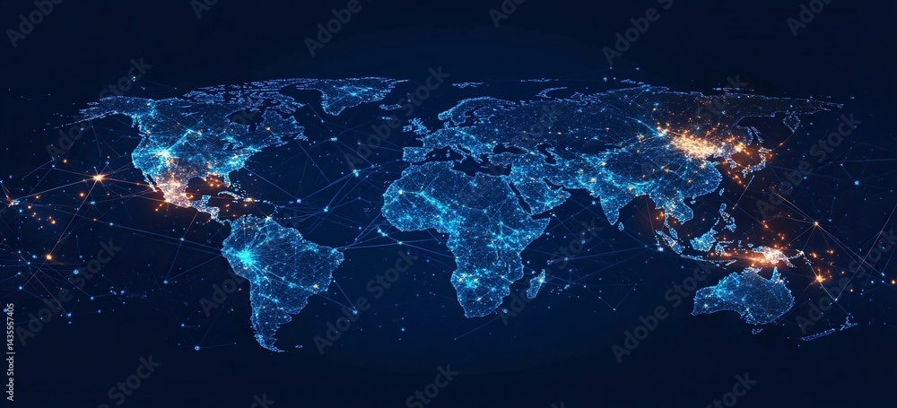 Poster abstract blue background with a world map and global network connection, a technology wallpaper for 