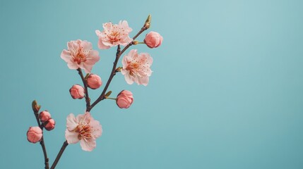 Delicate pink blossoms on a branch against a teal backdrop