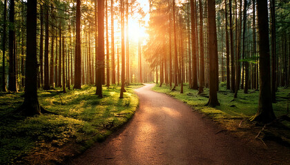 Fototapeta premium serene woodland scene featuring winding pathway illuminated by ethereal sunlight filtering through tall trees, creating magical atmosphere