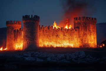 Fototapeta premium Castle engulfed in flames, dark smoke billowing, intense orange-red fire consuming its walls under a dramatic twilight sky.
