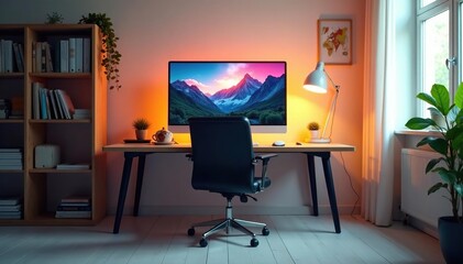 Empty chair at desk facing computer screen, bright room, distance, computer
