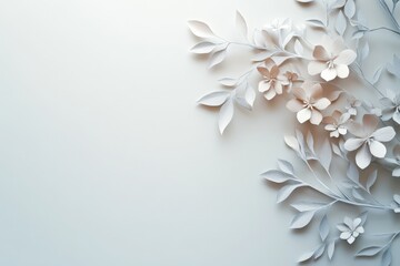 Delicate paper flowers and leaves arrangement on light background.