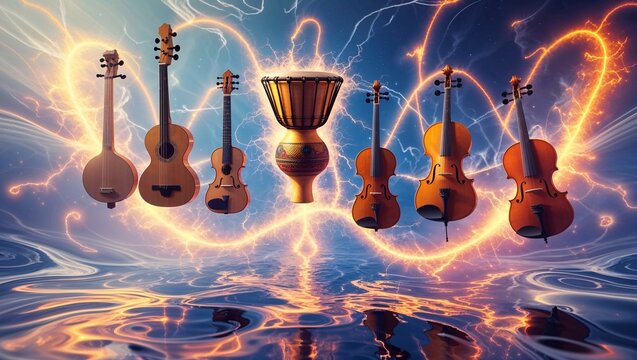 A mesmerizing surrealistic digital art piece featuring an assortment of floating musical instruments from diverse cultures, such as a Japanese shamisen, African djembe, Indian sitar, and Western violi