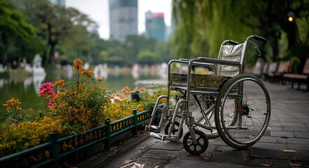 Fototapeta premium Empty Wheelchair Parked on Ramp with Green Park Background and Urban Landscape, Featuring Trees and Flowers for Accessibility Concept