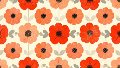 Retro inspired floral pattern featuring bold red blossoms and soft muted leaves on creamy background, creating vibrant yet soothing atmosphere