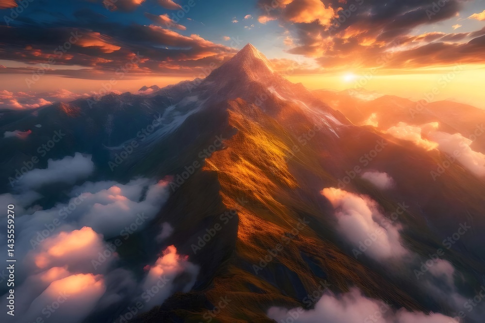 Poster 夕焼けに染まる山頂の風景 金色の日差しと雲海に包まれた山の尾根と壮大な自然のパノラマ