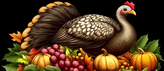 festive thanksgiving day illustration with a stately turkey amidst autumn's bounty in a decorative arrangement against a black backdrop