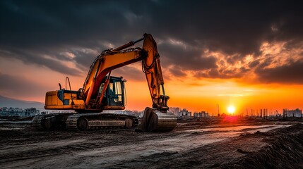 Excavator Digging House Foundation at Sunset &ndash; Construction Site Landscape for Real Estate Development and Web Banners in Shrune Style