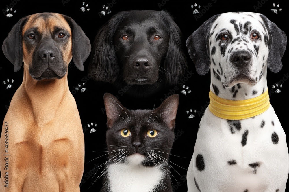 Aufkleber group of three dogs and one cat posing for camera against studio backdrop displaying unity friendshi