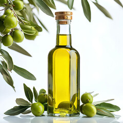 olive oil in bottle olive branches closeup isolated