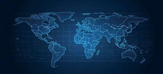 Fototapeta premium Abstract blue background with a world map and global network connection, a technology wallpaper for business or internet concept design. Vector illustration of a planet Earth globe with a polygonal