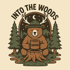 Bear Relaxing with Coffee and Antlers in Camping Illustration