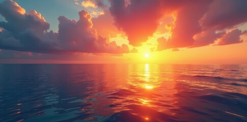 Golden sunrise paints calm ocean, vibrant hues reflected, rays, summer, ocean view