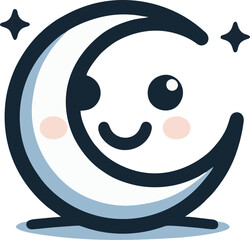 Cute Minimalist Smiling Crescent Moon Logo with Stars - Simple Vector Illustration