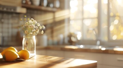 Sunlit Kitchen Countertop with Lemons and Flowers