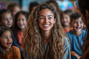 Fototapeta premium Smiling girl stands in front of children, all with fascinated expressions.