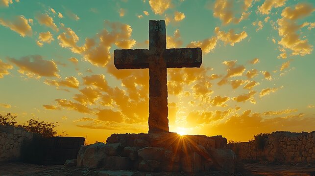 Weathered stone cross silhouetted against a vibrant sunset