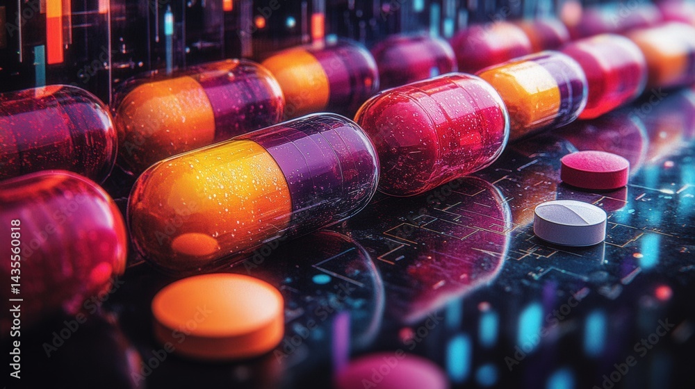 Aufkleber colorful capsules and pills arranged on a digital background with glowing elements and patterns