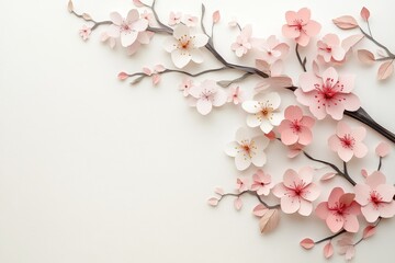Obraz premium Delicate paper cherry blossoms artfully arranged on a plain background.