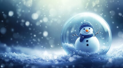 Obraz premium enchanting snow globe scene with a cheerful snowman wearing a knitted hat and scarf nestled amidst a flurry of delicate snowflakes creating a whimsical winter dreamscape
