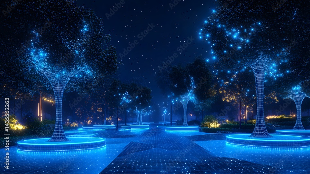 Aufkleber experience the ethereal beauty of a futuristic park at night, where glowing trees and paths create a